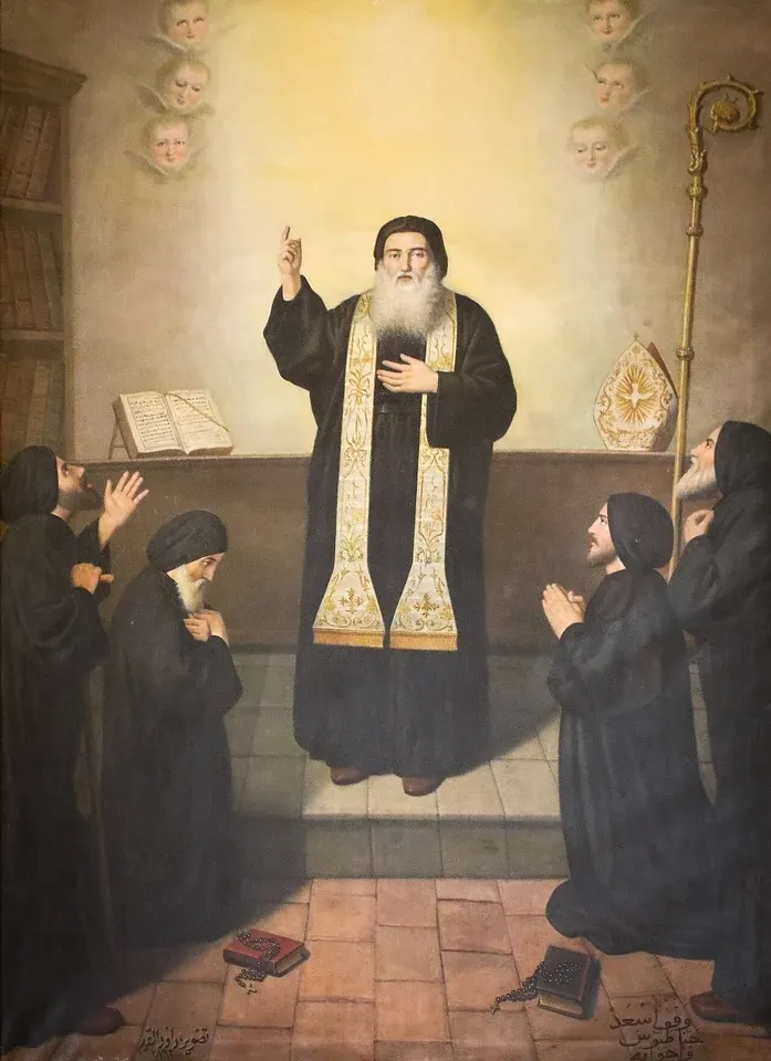 Maron: painting of a priest addressing kneeling religious brothers