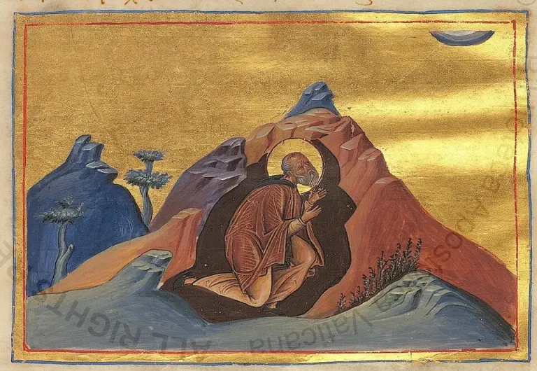 Paul the Simple: manuscript miniature of a monk kneeling among rocks
