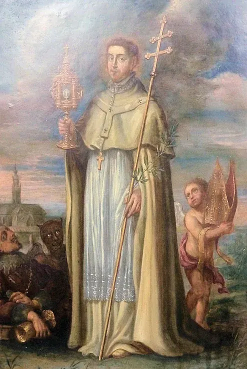 Norbert of Xanten: painting of a bishop in white vestments holding a cross and monstrance