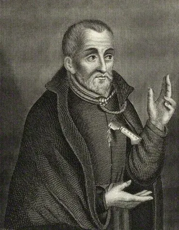 Edmund Campion: engraving of a cleric gesturing with one raised hand