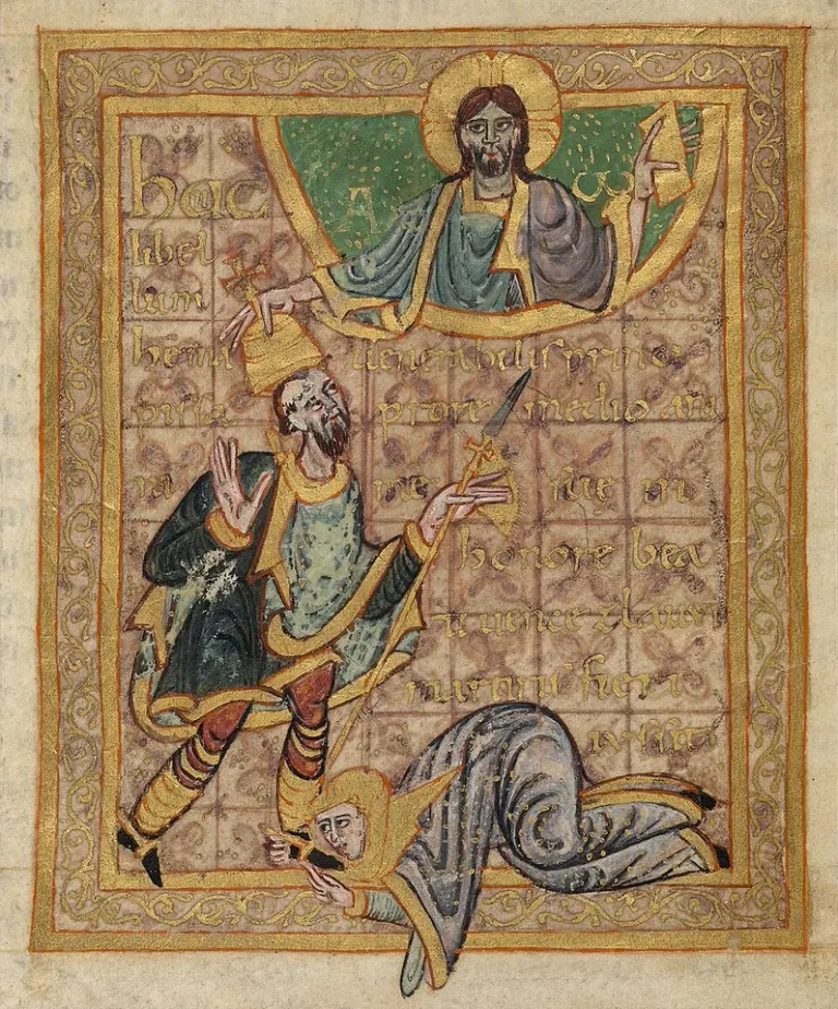 Wenceslaus: manuscript scene of a crowned ruler kneeling before Christ