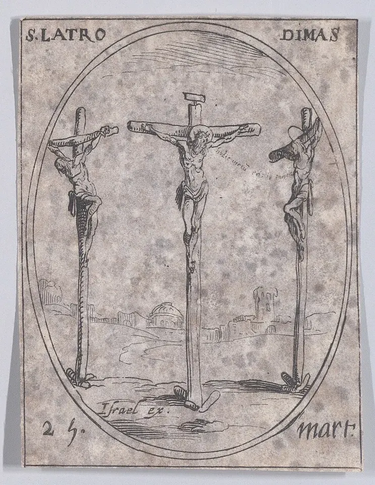 Dismas, the Good Thief: drawing of three crucified figures