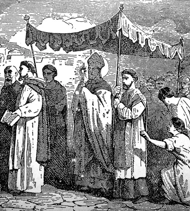 Mamertus of Vienne: engraving of clergy and attendants gathered beneath a canopy