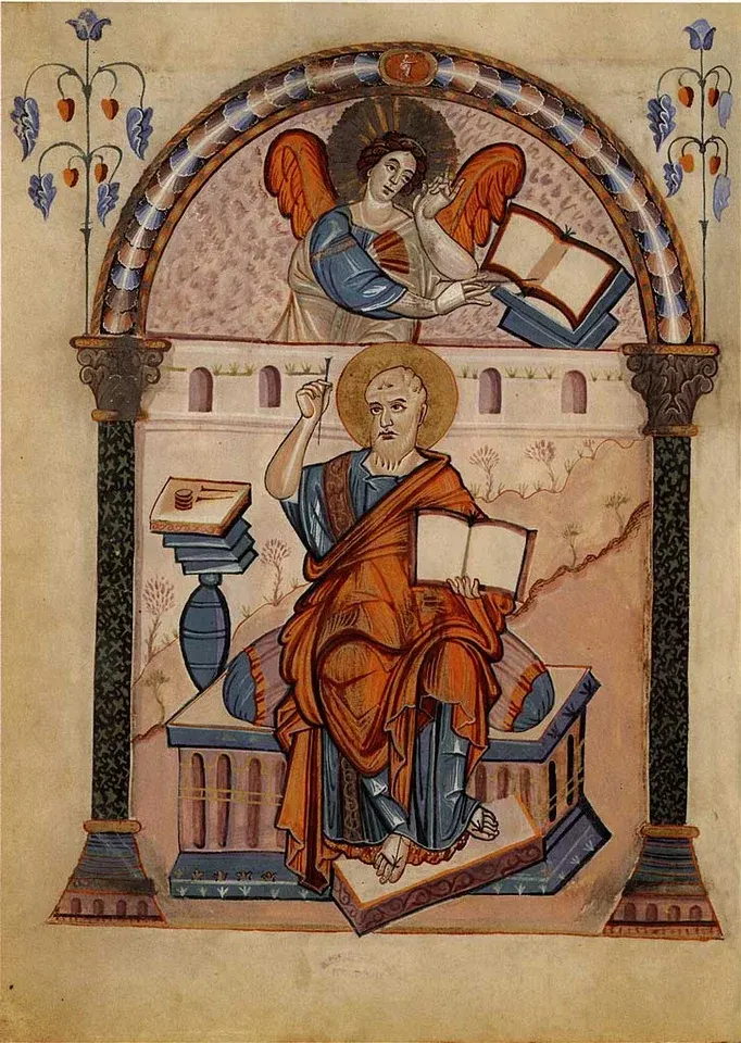 Matthew the Apostle: manuscript illustration of an evangelist at a desk beneath a winged figure