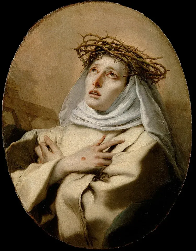 Catherine of Siena: painting of a veiled woman wearing a crown of thorns, hands crossed over her chest