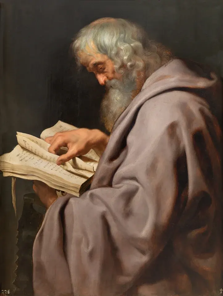 Simon the Apostle: painting of an elderly apostle reading a book