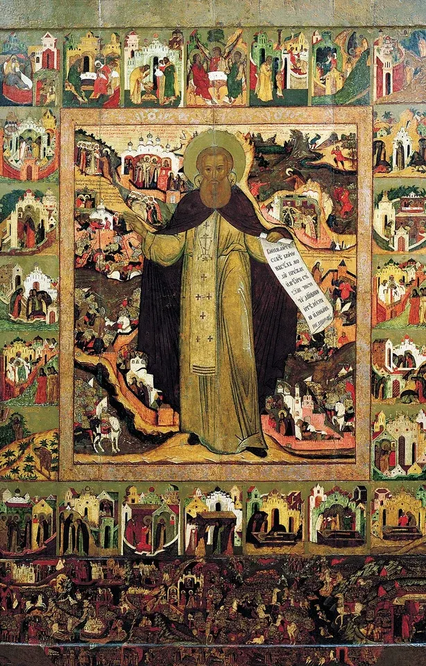 Sergius of Radonezh: icon of a monk surrounded by smaller scenes from his life