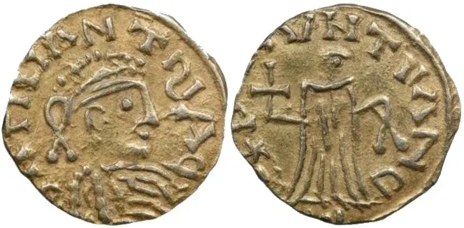 Guntram (Gontran): two sides of a gold coin, including a cross design; not a portrait