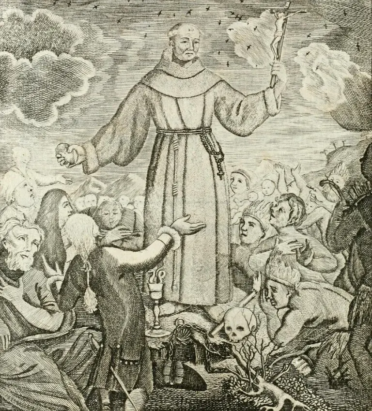 Junípero Serra: engraving of a friar preaching to a gathering