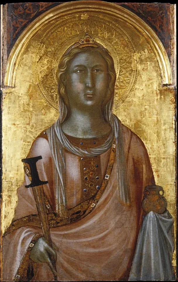 Lucy of Syracuse: gold-ground painting of a woman holding a small vessel
