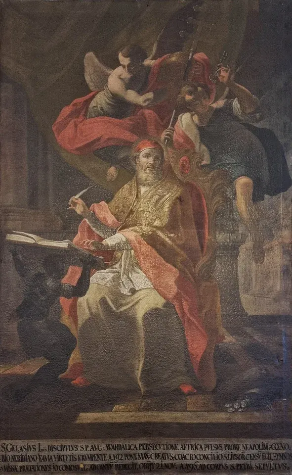 Gelasius I: painting of a papal figure amid a crowded religious scene