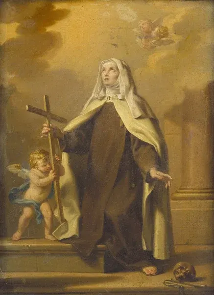 Margaret of Cortona: painting of a nun holding a cross, with a small angel beside her