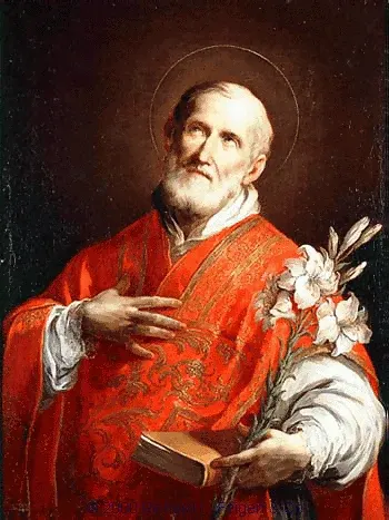 Philip Neri: painting of an elderly priest in red vestments holding lilies