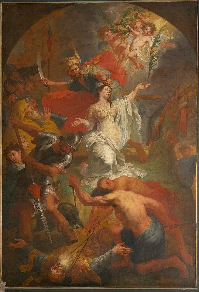 Dymphna: painting of a woman looking heavenward amid angels and figures