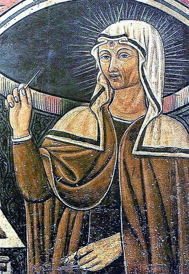 Rita of Cascia: painted portrait of a veiled nun with a halo