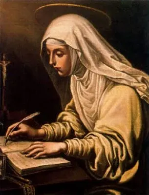Catherine de Ricci: painting of a veiled woman writing at a desk