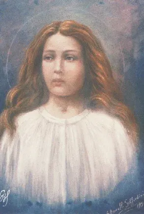 Maria Goretti: painted portrait of a girl with long hair wearing a white blouse