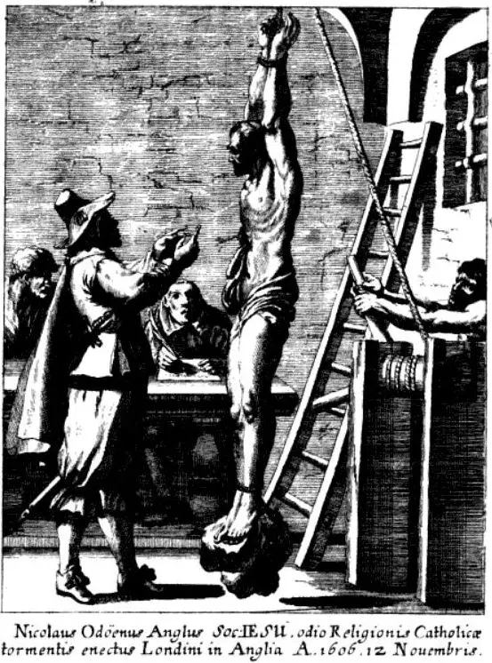 Nicholas Owen: engraving of people erecting a statue, with a ladder and tools
