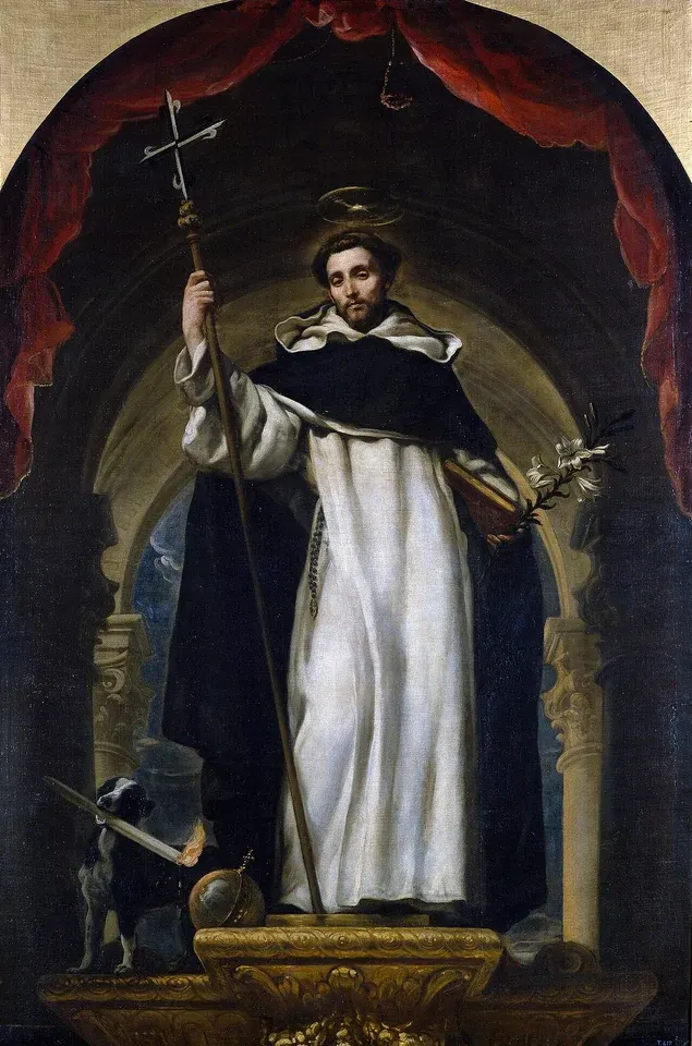 Dominic de Guzmán: painting of a friar in a white habit and black cloak holding a cross