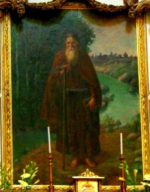 Conrad of Piacenza: framed painting of a robed hermit in a green landscape