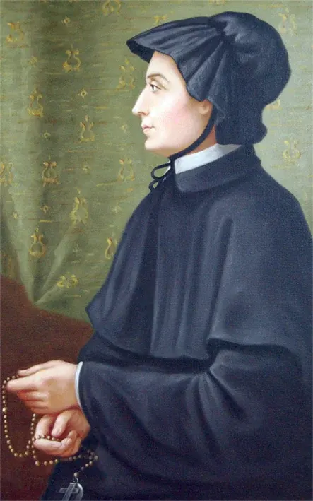 Elizabeth Ann Seton: painted profile of a woman in a dark bonnet and cloak