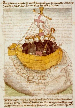 Brendan the Navigator: manuscript illustration of monks in a boat