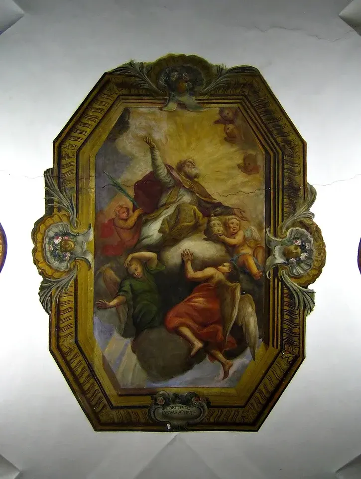 Marcellus I: ornately framed ceiling painting of a pope among angels