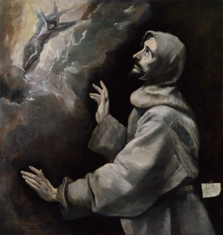 Francis of Assisi: painting of a friar looking upward with open hands