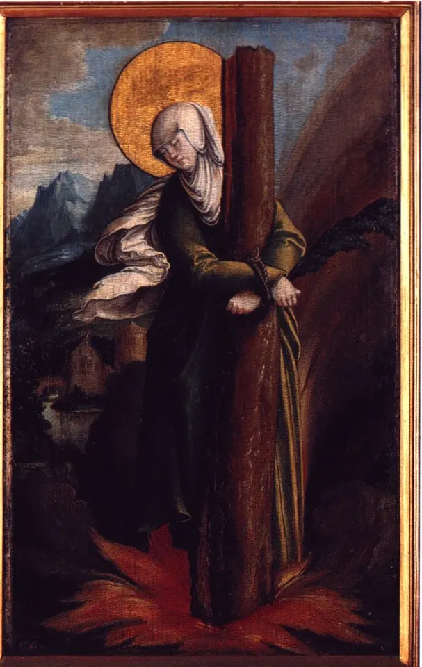 Afra of Augsburg: painting of a haloed woman standing beside a tree trunk