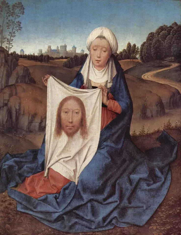 Veronica: painting of a woman displaying a cloth bearing the face of Jesus