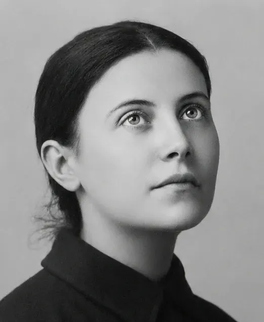 Gemma Galgani: black-and-white portrait of a young woman looking upward