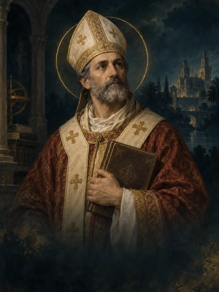 AI-generated illustration of Isidore of Seville; imagined likeness, not a historical portrait