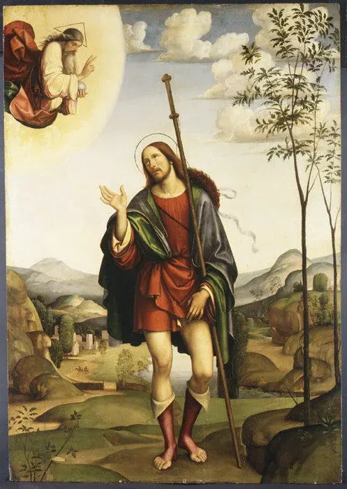 Roch: painting of a pilgrim exposing a sore on his leg, with a dog nearby