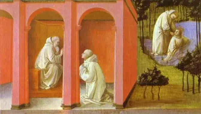 Maurus: painted panel showing monks inside a building and in a landscape