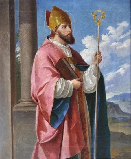 Valentine: painting of a bishop in pink vestments holding a staff and book