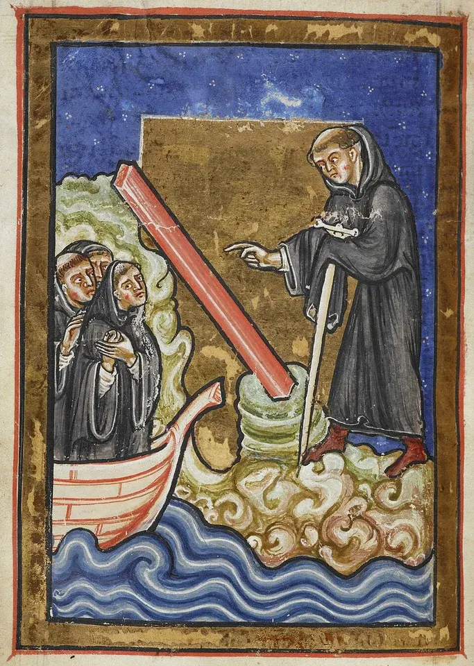 Cuthbert of Lindisfarne: manuscript scene of a monk beside a boat, with a red book