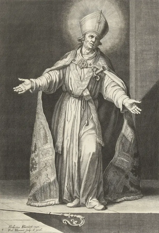 Frederick of Utrecht: engraving of a bishop with arms extended