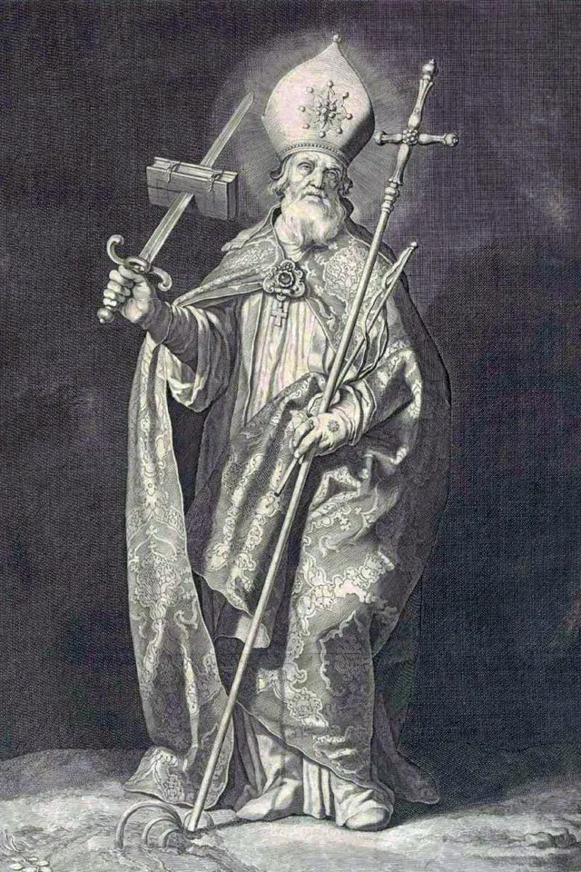 Boniface: monochrome depiction of a bishop holding a cross and staff
