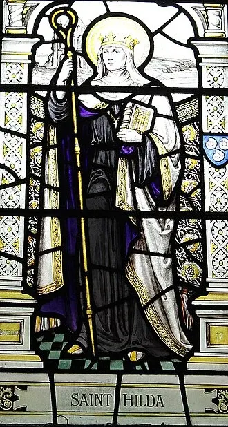 Hilda of Whitby: stained-glass abbess holding a book and staff