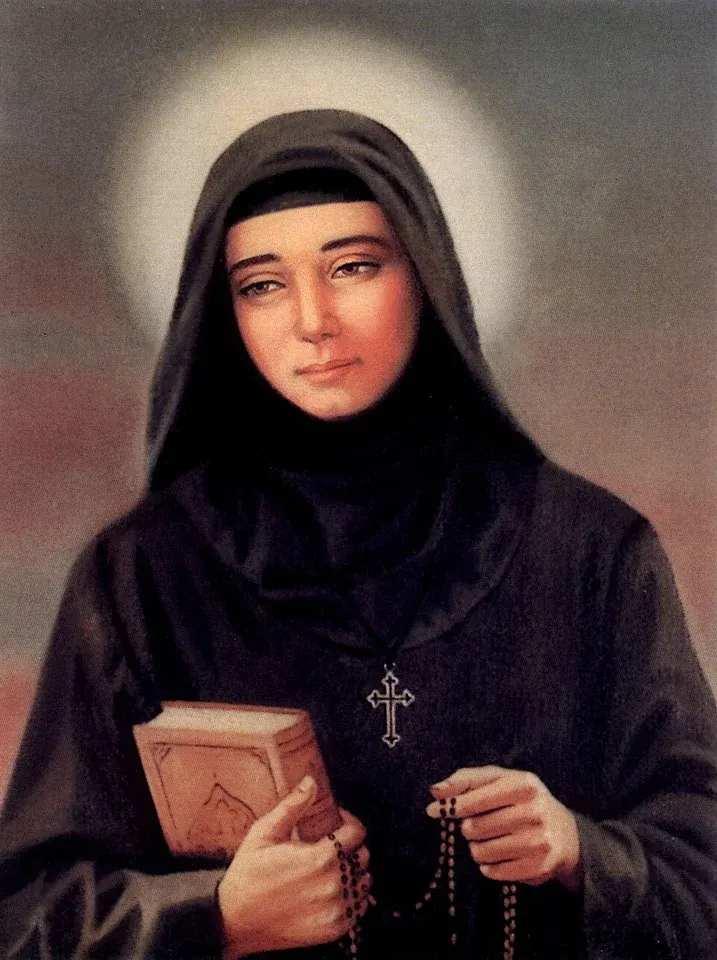 Rafqa: devotional portrait of a nun holding a book and rosary