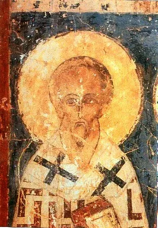 Alexander of Jerusalem: weathered fresco of a haloed bishop in a cross-patterned vestment