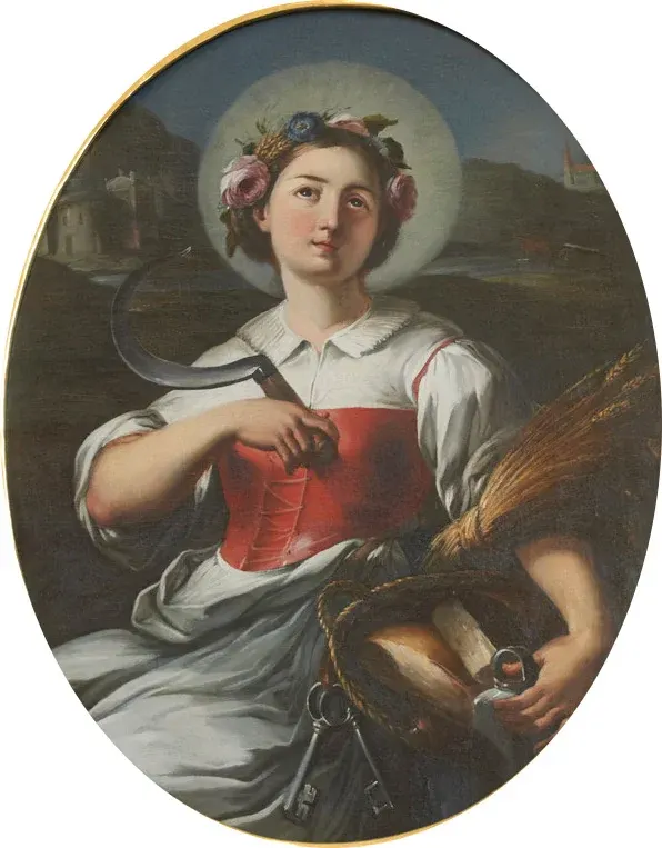 Notburga of Eben: painting of a woman holding a sickle and sheaves of grain