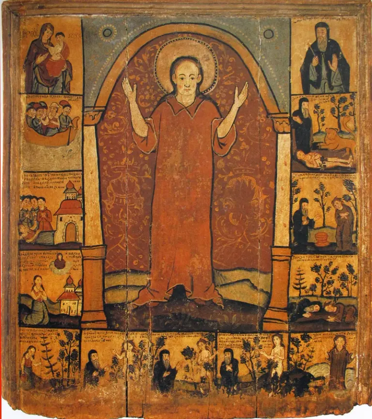 Mary of Egypt: icon of a standing haloed woman surrounded by smaller scenes