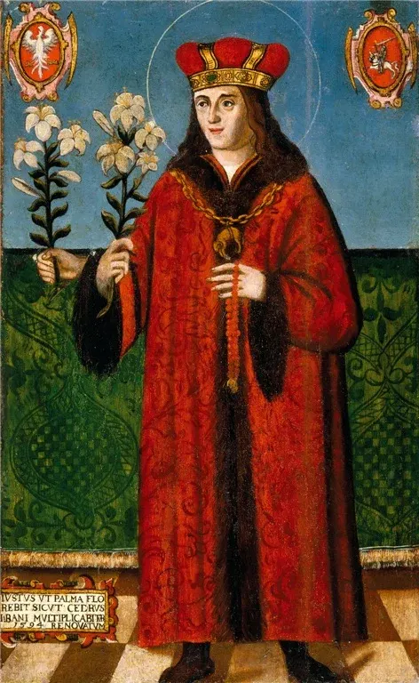 Casimir: painting of a crowned young man in red robes holding a lily