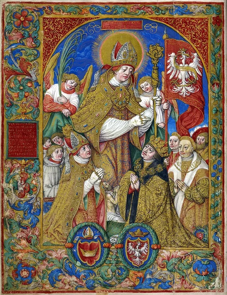 Stanislaus of Kraków: illuminated manuscript of a bishop surrounded by clerics